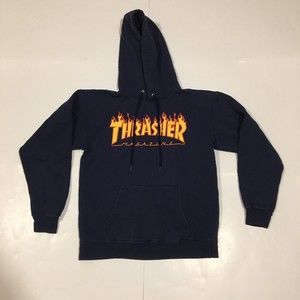 Thrasher Magazine Flame Logo Navy Blue Pullover Hoodie Slate Size Small